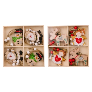 Set of two wooden Christmas ornaments with Santa, snowman, elk, and angel designs