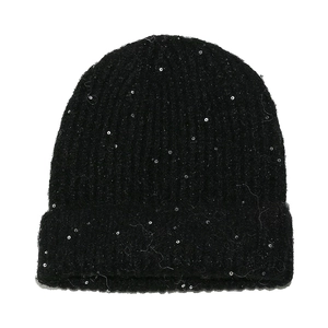 Close-up of black wool-blend knit hat with sequins and vertical ribbed texture detail