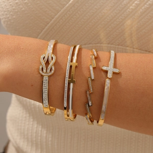 Stainless Steel Bangle Bracelet 18K Gold Plated Zircon Encrusted Shell Inlay Geometric Cross Knot Jewelry For Women