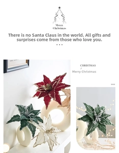 Detail of red and green velvet Christmas poinsettia flowers with glittered edges for trees