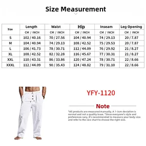 Size measurement chart for men's linen casual pants with detailed length and waist data