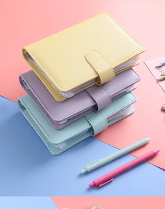 Detailed view of A6 macaron PU leather binders with clear zipper envelopes for budgeting