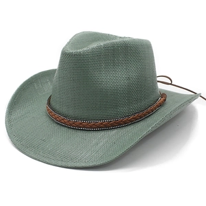 Cowboy Hat Paper Straw Woven Leather Band Rivet Wide Brim Sun Protection Western Beach Travel Unisex