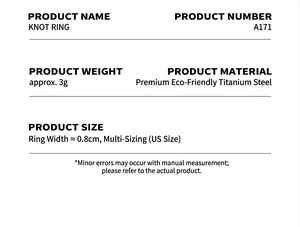 Detailed spec sheet showing material, weight and size for the knotted titanium steel ring