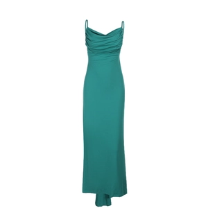 Slim fit dark green sleeveless maxi dress with a pleated cowl neck and thin straps