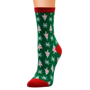 Christmas cotton socks for women featuring festive green patterns with red trim on white background