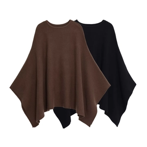 Knitted Poncho Cape Batwing Sleeve Round Neck Solid Color Casual Outerwear For Women