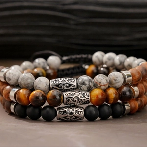 Verstellbares Herren-Armband-Set mit Tigerauge, schwarzem Onyx und Landkartensteinen