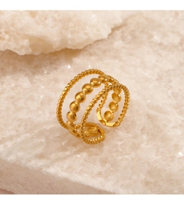 Macro detail of three-layer 18K gold plated stainless steel ring with beaded texture