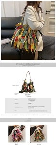 Detail view of colorful snake skin fringe leather bucket bag with dimensions and specifications