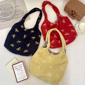 Sac À Épaule En Peluche Broderie Nœud Grande Capacité Kawaii Doux Sac À Main Fourre-tout Hiver Avec Doublure Gingham