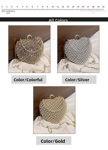 Close-up of heart-shaped rhinestone evening clutch bags in silver gold and colorful