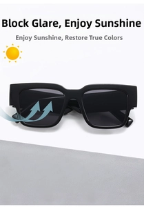 Detail view of bold rectangle sunglasses with thick glossy black frames and wide temples