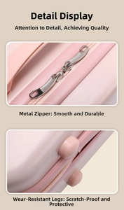 Detail view of 14-inch mini suitcase with dual metal zippers and wear-resistant side feet