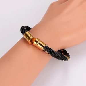 Hip hop black stainless steel cable wire cuff bracelet with golden magnetic clasp
