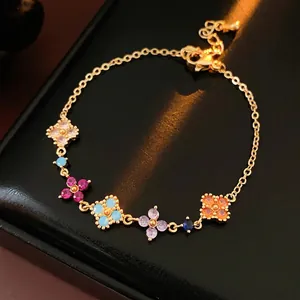Flower Bracelet Copper Gold Plated Colorful Zircon Clover Elegant Fashion Jewelry For Women Adjustable Chic Gift