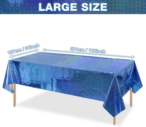 Detail view of blue laser holographic tablecloth showing 137x274cm large size dimensions