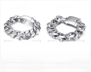 Size guide for chunky stainless steel link bracelets showing weight, width and length specs