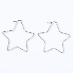 Detailed view of silver star-shaped stainless steel earrings with polished metal finish