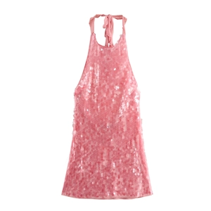 Robe Dos Nu À Paillettes Rose Sans Manches Mesh Soirée Mini Sexy Élégante Pour Femmes