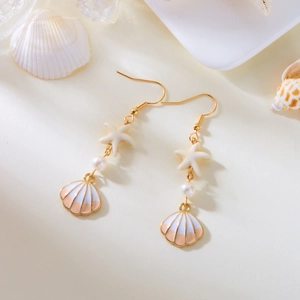 Detailed close-up of ocean-themed earrings featuring starfish, pearl and shell elements