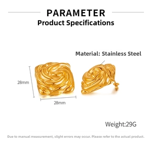 Detailed view of gold-plated stainless steel swirl earrings with size and weight specs