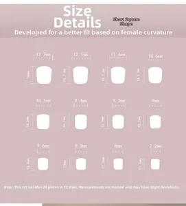 Size chart for short square press-on nails detailing 12 specific width and length dimensions