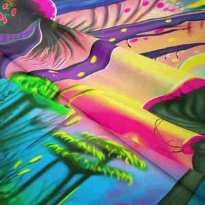 Detailed macro view of colorful mushroom tapestry fabric texture and high-quality digital print