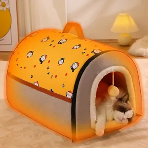 Warm semi-enclosed pet house for cats and small dogs with plush ball toy and top handle