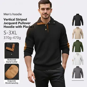 Sweat à capuche pour homme avec col montant à boutons et empiècements aux coudes, 5 coloris