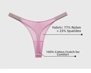Close-up of pink satin thong with rhinestone side straps and fabric material details