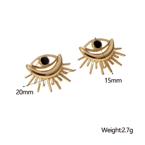 Detail view of gold evil eye stud earrings showing dimensions 20mm by 15mm and 2.7g weight