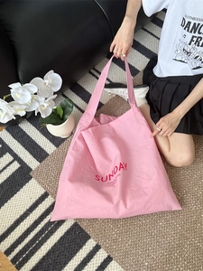 Pink canvas tote bag with red Sunday print, large capacity shoulder bag for women