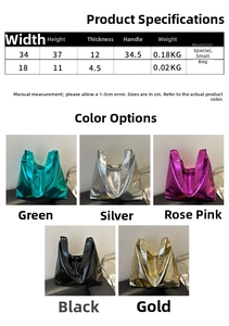 Detailed size chart for the glossy tote bag and pouch with dimensions in centimeters