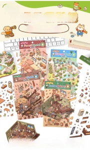 Close-up of PET 3D scene stickers featuring cartoon forest and cafe themes for DIY journals