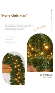 Close-up of fluffy green PVC Christmas garland with warm white LED string light details