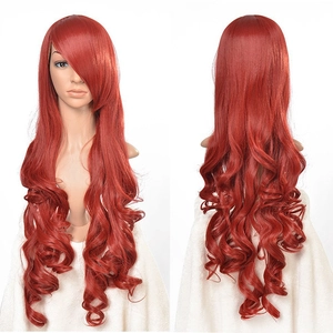 Detail of 80cm long wavy red cosplay wig with side-parted bangs and large curls