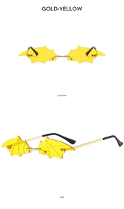 Détails des lunettes de soleil chauve-souris sans monture jaune or avec branches