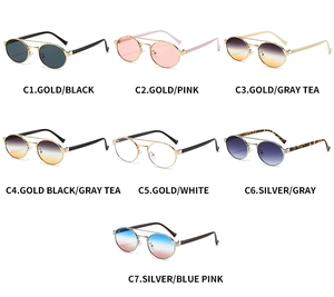Collection of seven retro oval double bridge metal sunglasses in assorted lens colors