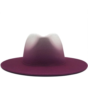 Front view of wool fedora with white to purple gradient design and wide flat brim