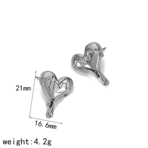 Detail of silver liquid heart earrings showing 21mm x 16.6mm size and 4.2g weight