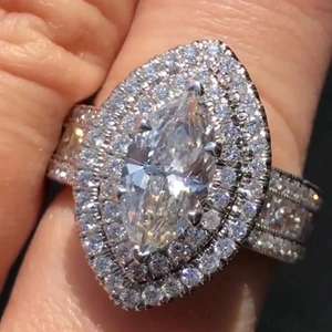 Marquise Cut Cubic Zirconia Double Halo Ring Copper Base Micro Pave Prom Party Jewelry For Women