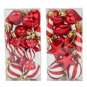 13-piece red Christmas ornament set with heart, star, and candy shapes in display boxes