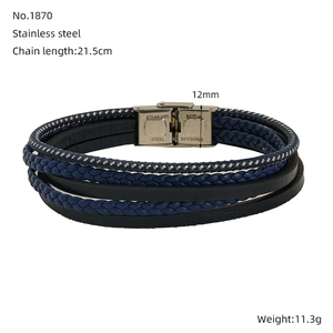 Detail view of multilayer braided leather bracelet for men with size and weight specs