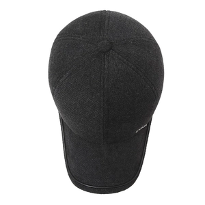 Deep grey wool winter baseball cap for men with warm ear flaps and embroidered detail