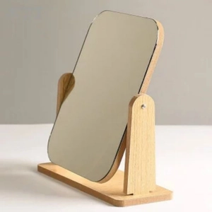 Rotating rectangular wooden desktop makeup mirror with adjustable stand for student dorms