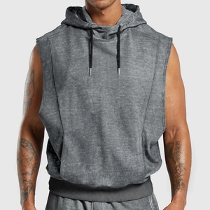 Close-up of gray washed hooded muscle tank with drawstring and distressed texture