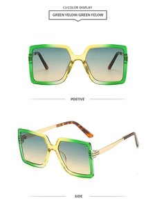 Détails des lunettes de soleil carrées dégradées avec monture chaîne et verres bleu-orange