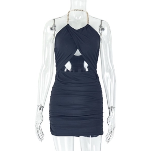 Detail of black bodycon dress featuring hollow-out waist and gold chain halter neckline