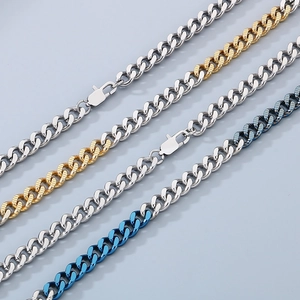 Polished stainless steel Cuban link chains in silver, gold and blue color blocking